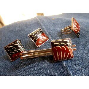 Vintage Gold-Toned Tie Clip Earrings Ring Set Abstract Red Black Enamel Design